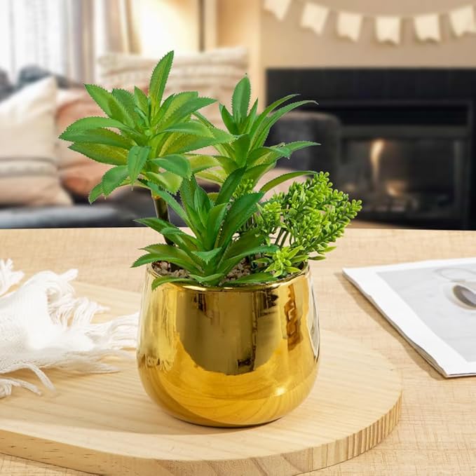 Briful Artificial Succulents Plants in Ceramic Pots, 2 Pack Faux Succulent Set with Gold Planters – Modern Desk Decor for Home Office Shelf Bathroom, Small Fake Plants Potted