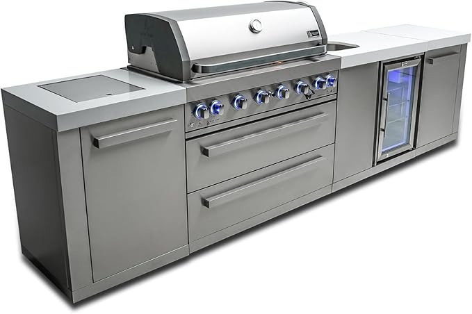 Mont Alpi MAi805-BEV 44-inch 6 Burner 115000 BTU Stainless Steel Modular Outdoor Kitchen Island Barbecue Grill with Beverage Center + White Granite Countertops + Outdoor Rated Refrigerator