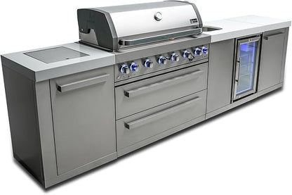 Mont Alpi MAi805-BEV 44-inch 6 Burner 115000 BTU Stainless Steel Modular Outdoor Kitchen Island Barbecue Grill with Beverage Center + White Granite Countertops + Outdoor Rated Refrigerator