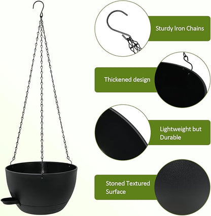 WOUSIWER Self Watering Hanging Planters, 2 Pack 10'' Plastic Pots with Drainage Holes & Reservoir Tray (Black) | Indoor & Outdoor Use for Ferns, Ivy, Herbs, Succulents