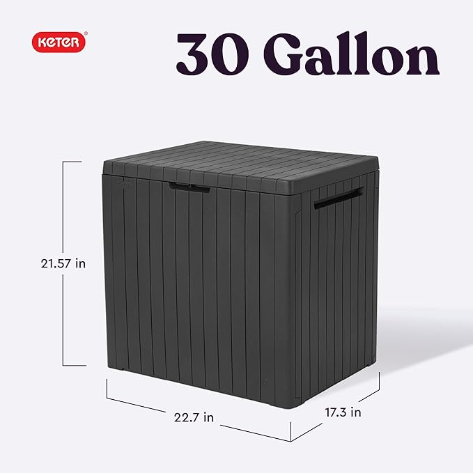 Keter City 30 Gallon Resin Outdoor Storage Box and Patio Furniture Side Table for Pool and Garden Accessories, Dark Grey