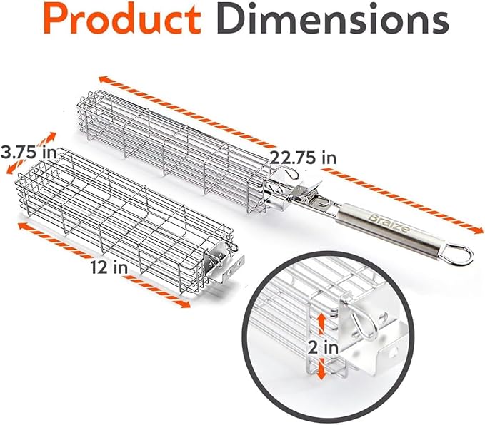 Kabob Grilling Baskets – Set of 3 Stainless Steel BBQ Baskets (12" x 2" x 2") with Removable Handle and Latching Lid – Great for Grilling Vegetables or Meat Over Campfires and Outdoor Grills
