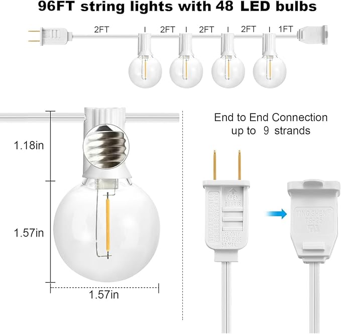 SUNTHIN White String Lights, 97FT White Outdoor Lights with 49 G40 Shatterproof LED Bulbs(1 Spare), Waterproof Conectable Hanging Outside Lights for Yard, Porch, Deck, Garden, Pergola