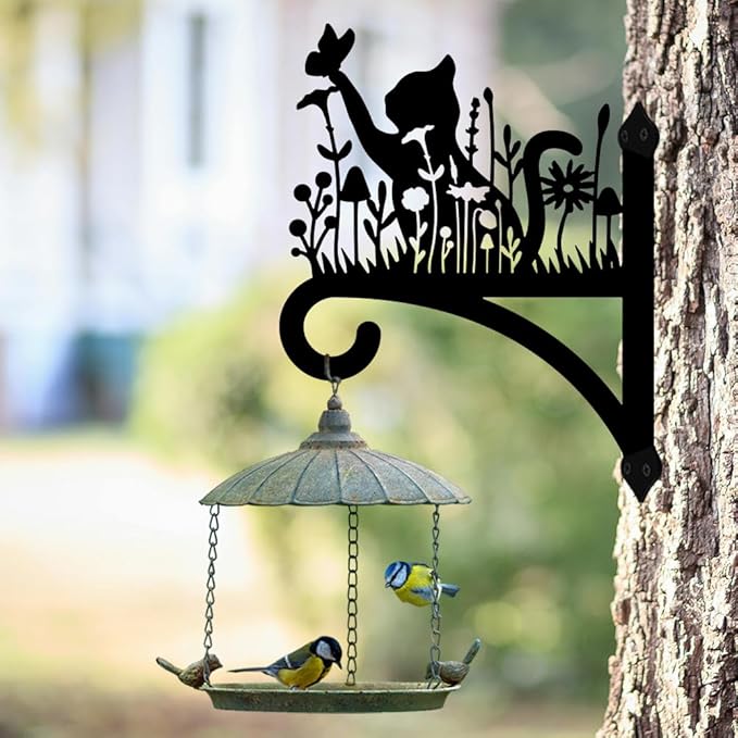 peacoblue Iron Plant Hangers Hooks for Outdoor Indoor Hanging Plants Flower Fern Pots Lantern Bird Feeder Wind Chimes, 12"x16" Cat and Flowers Weather Resistant Metal Wall Holder for Porch Farmhouse