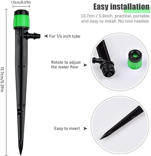 Kalolary 100Pcs Irrigation Drippers Drip Emitters, Micro Spray Adjustable 360 Degree Full Circle Pattern Water Flow Sprinkler Fits 1/4 (4-6mm) Irrigation Tubing for Garden Irrigation(Green)