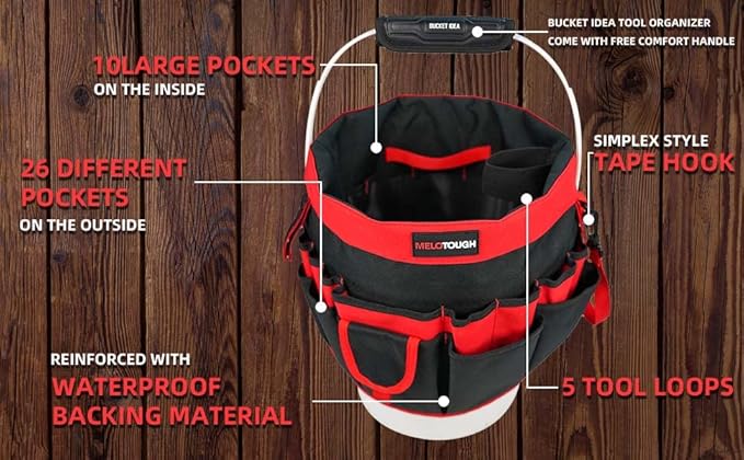 MELOTOUGH Bucket Caddy Organizer Bucket Tool Organizer for Garden Tools Fit 3.5 to 5 Gallon Bucket (Red)