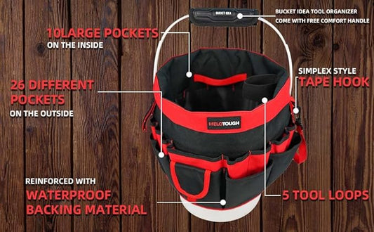 MELOTOUGH Bucket Caddy Organizer Bucket Tool Organizer for Garden Tools Fit 3.5 to 5 Gallon Bucket (Red)