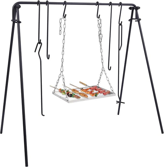 REDCAMP Swing Outdoor Campfire Grill Stand - Collapsible Campfire Cooking Rack with 6 Hooks & Stainless Steel Grill Grate, Portable Dutch Oven Hanger for Camping, Cookware, Bonfire, Rectangle
