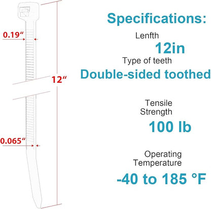 12 Inch Zip Ties Double Sided Toothed,70 LBS Tensile Strength Heavy Duty Cable Wire Ties With Self-Locking Adjustable More Durable Nylon Tie Wraps for Indoor Outdoor（500 Pack）
