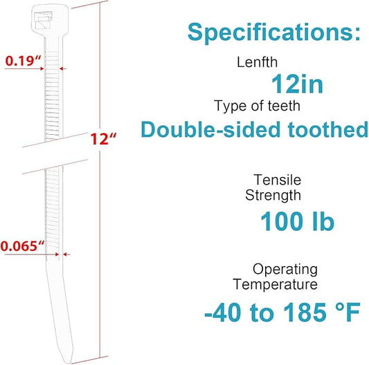 12 Inch Zip Ties Double Sided Toothed,100 LBS Tensile Strength Heavy Duty Cable Wire Ties With Self-Locking Adjustable More Durable Nylon Tie Wraps for Indoor Outdoor（100 Pack）