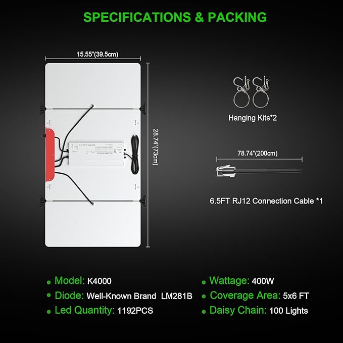 AGLEX K4000 LED Grow Light, Grow Light with Daisy Chain & Dimmable, Full Spectrum Plant Grow Lights for Hydroponic Indoor Plants Seeding Veg Flower Growing Lamps 5X6 FT Grow Tent