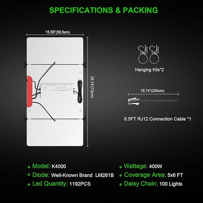 AGLEX K4000 LED Grow Light, Grow Light with Daisy Chain & Dimmable, Full Spectrum Plant Grow Lights for Hydroponic Indoor Plants Seeding Veg Flower Growing Lamps 5X6 FT Grow Tent