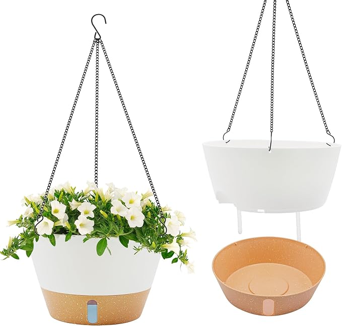 ZMTECH 12 Inch Hanging Planters for Indoor Plants, 2 Pack Self Watering Hanging Planter with Visual Reservoir, Hanging Pots for Plants Outdoor with Drainage Hole and Plant Hanger(2 Pack, White)