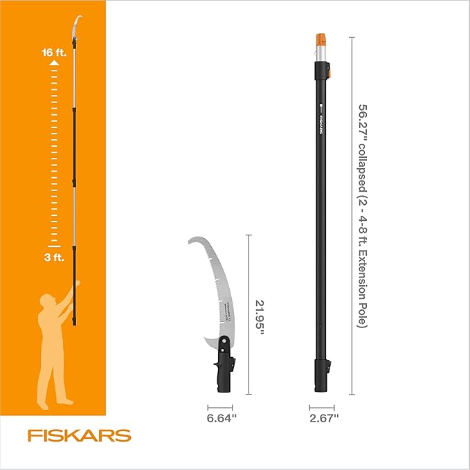 Fiskars XtendControl Extendable Tree Pruner (16 ft), Adjustable Branch Trimmer with 15" X3 Double-Hooked Saw, 4-8 ft Extension Pole, and Secure Locking System for Precision Cutting