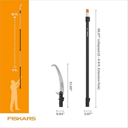 Fiskars XtendControl Extendable Tree Pruner (16 ft), Adjustable Branch Trimmer with 15" X3 Double-Hooked Saw, 4-8 ft Extension Pole, and Secure Locking System for Precision Cutting