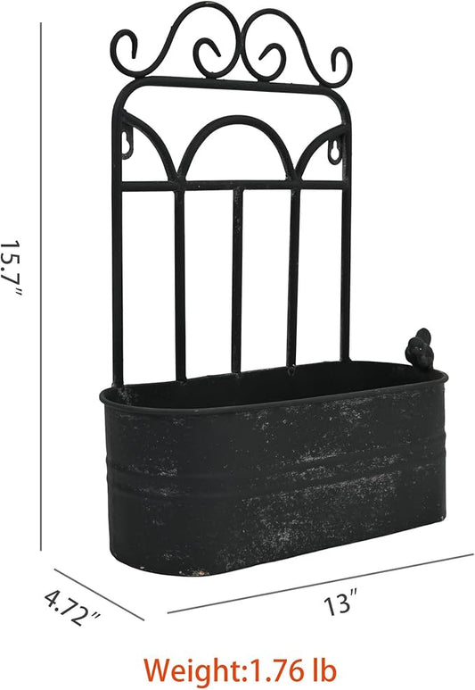 Rustic Metal Wall Planter Vintage Wall Mounted Flower Pot Distressed Wall Hanging Plant Basket Farmhouse Wall Decor for Indoor Outdoor Garden Home Yard (Black)