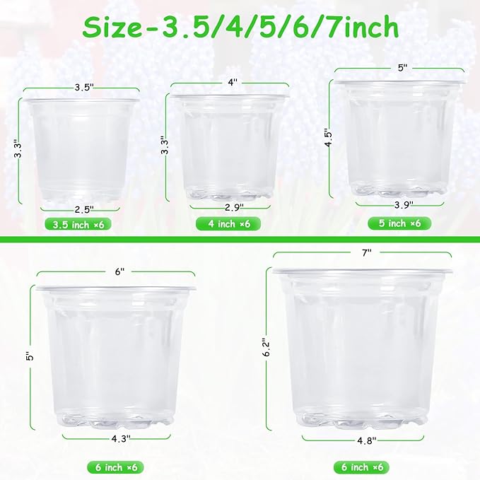 30 Pack 3.5/4/5/6/7 Inch Clear Nursery Pots with Drainage Holes, Transparent Plastic Pots for Plants, Reinforced Seed Starter Pots Flower Pots