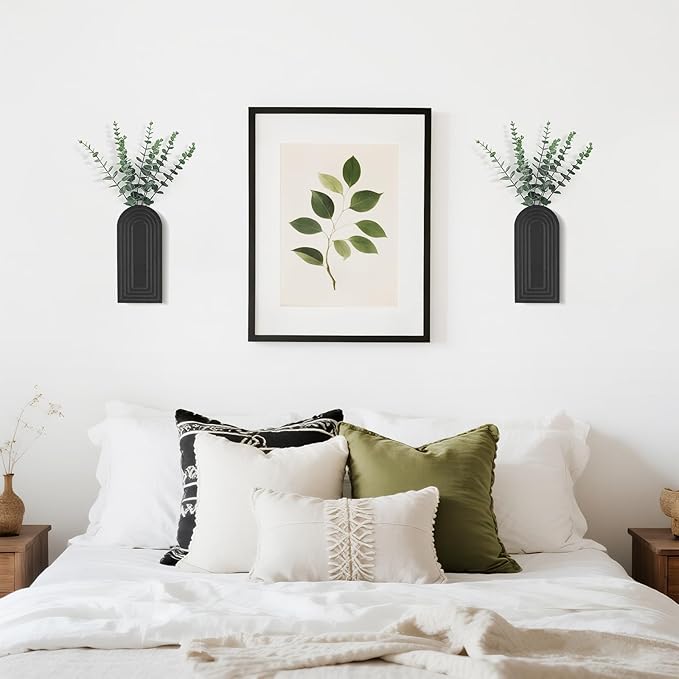 Dahey Wood Wall Planter Vase with Artificial Eucalyptus, 2 Pack Hanging Planter for Indoor Fake Plants Modern Boho Farmhouse Wall Art Decor for Bathroom Bedroom Kitchen Office Home Decoration, Black