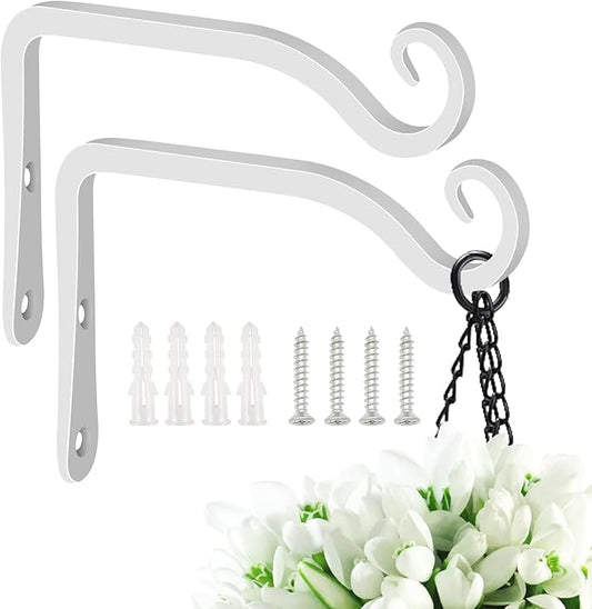 FEED GARDEN Hand-Forged Hanging Plant Bracket Iron Wall Hook for Hanging Plant,Bird Feeders, Wind Chimes, Flower Baskets, Lanterns, Yoga Mat, Indoor/Outdoor Use 6 Inch 2 Pack, White