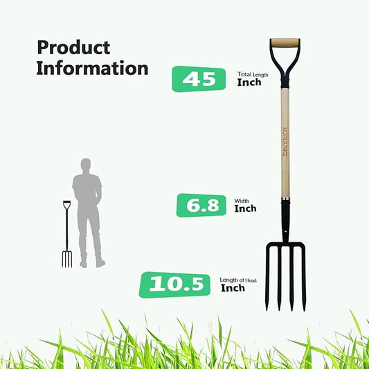 Garden Fork,4-Tine Pitchfork,Spading Digging Fork,Forged Steel Y-Grip, Wood Handle,45Inch