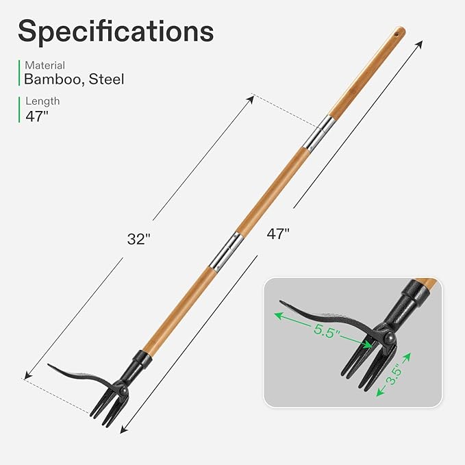 VIVOSUN 47" Weed Puller, Stand-Up Weed Puller Tool with Bamboo Handle & 4-Claw Steel Head, Sectional Pole Design, Easy Weeding Without Pulling, Bending, or Kneeling