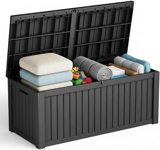 150 Gallon Resin Deck Box with Lockable Lid - Outdoor Waterproof Storage for Patio Furniture, Garden Tools, Cushions & Pool Accessories, Wood Grain Design, Easy Assembly