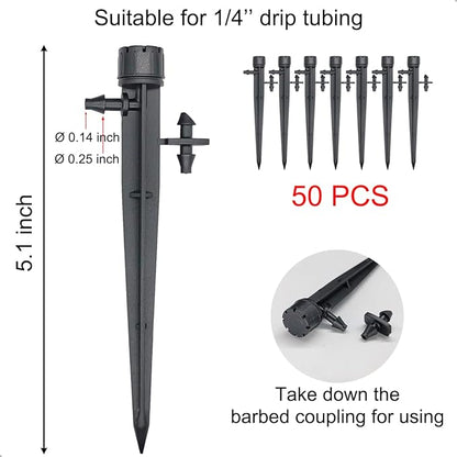 50 Pcs Drip Irrigation Emitters, Adjustable Flow 0-18 GPH Irrigation Drippers with Stake, 360 Degree Flow Sprinkler Head, Micro Sprinkler for Garden Patio Lawn Flower Bed