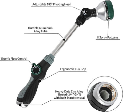 Watering Wand for Garden Hose, 17.5 Inch, 8 Spray Patterns, Garden Hose Nozzle with Thumb Flow Control, Adjustable Water Sprayer with Pivoting Head, Ideal for Hanging Baskets and Shrubs