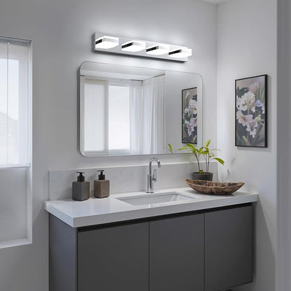 Bathroom Lighting Fixtures Over Mirror, 4 Light Bathroom Vanity Light Fixtures with Cool White 5000K, Silver LED Modern Vanity Wall Lights for Bath, Dressing Room, Restroom, 29.5 inch