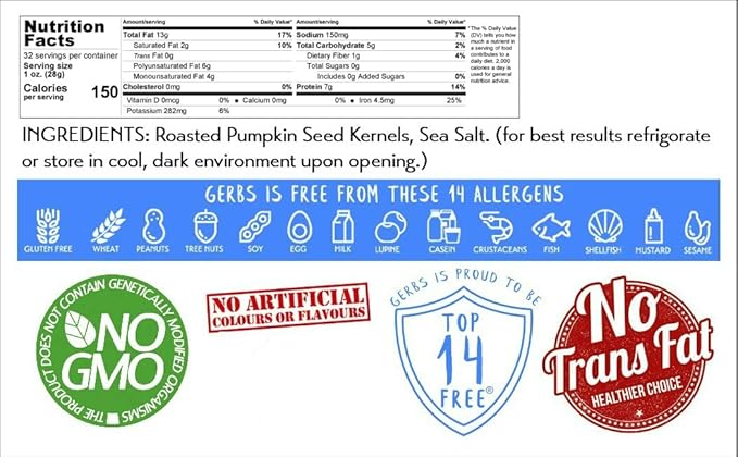GERBS Lightly Sea Salted Pumpkin Seed Kernels 2 LBS|Top 14 Allergy Free Food |Use in salads, yogurt, oatmeal, trail mix|Grown in Canada, packed in US