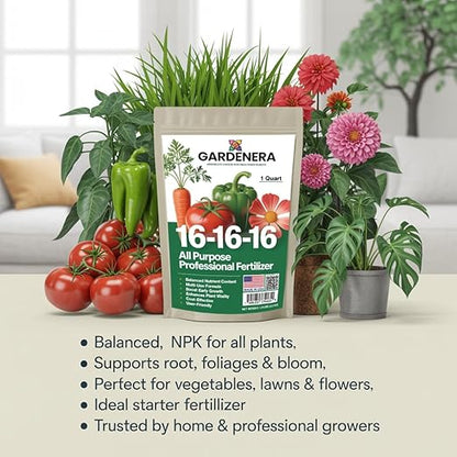 Gardenera 16-16-16 Premium All Purpose Professional Fertilizer - Lawn, Flower, Tree, Shrub & Vegetable Fertilizer (2 Quarts)