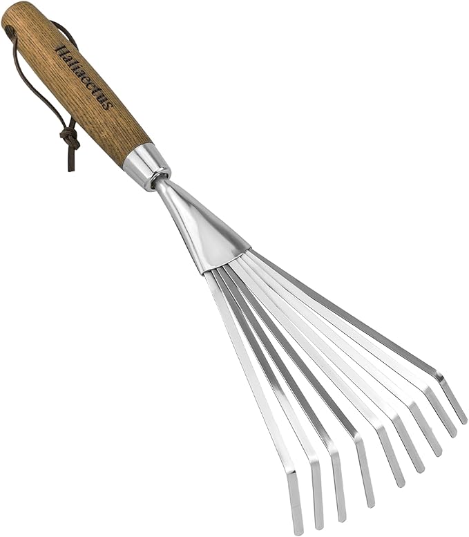 Haliaeetus Garden Hand Rake, 14.6'' Small Rake for Tight Areas, 9 Tines Stainless Steel with Ergonomic Wood Handle for Clearing Leaves and Loose Debris