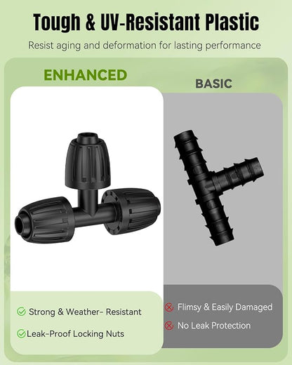 Pawfly 15 Pcs Drip Irrigation Fittings for 1/2 Inch Irrigation Tubing (1/2" ID x 0.64" OD), 1/2" Drip Line T Connectors with Anti-Drop Lock Nuts, Barbed Tees for Garden Irrigation System