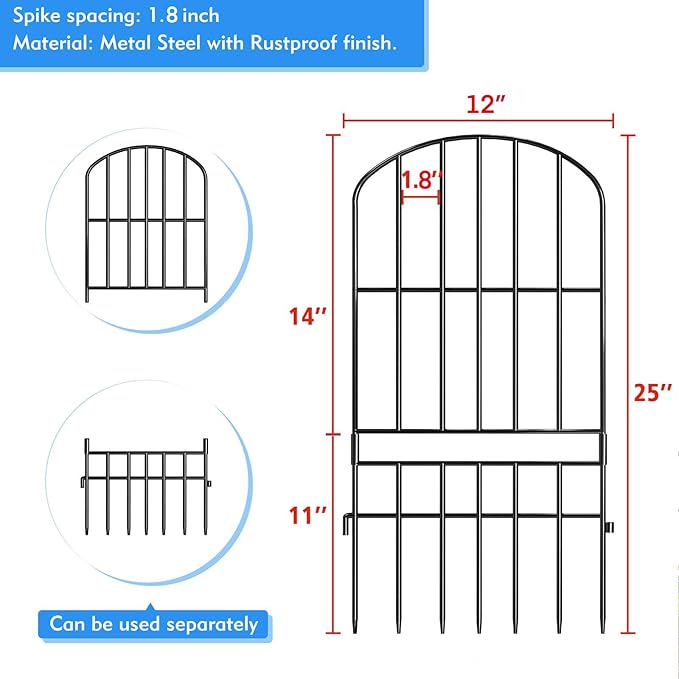 Adavin Animal Barrier Garden Fence,15 Pack Black 12''L x 25" H no dig Fence, Underground dig Protection for Dog Rabbits Rustproof Metal Wire Panel Border, 15 ft Ground Stakes for Outdoor Patio