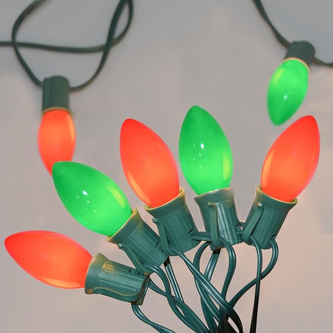 SUNSGNE C9 Red and Green Christmas Lights, 25FT Glass Ceramics Christmas Tree Lights with 26 7W Red White Glass Bulbs(1 Spare) for Backyard Patio Balcony Xmas Decor, Green Wire