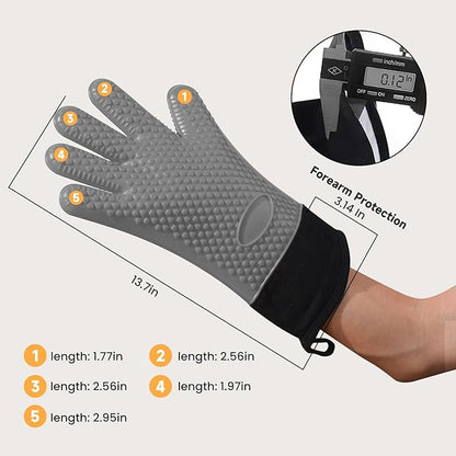 GEEKHOM BBQ Gloves Heat Resistant Oven Mitts - Silicone Grilling Gloves with 13.7" Arm Protection - Waterproof Pot Holder Non-Slip for Men & Women, Kitchen Outdoor Cooking, Baking, Camping, Light Gray