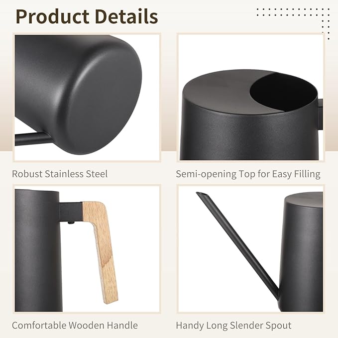 Homaisson 35 oz Metal Small Indoor Watering Can with Long Spout & Real Wood Handle for House Plants, Rust-Resistant Watering Pot for Indoor and Outdoor, Ideal for Houseplants, Modern Minimalist Design