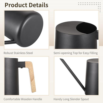 Homaisson 35 oz Metal Small Indoor Watering Can with Long Spout & Real Wood Handle for House Plants, Rust-Resistant Watering Pot for Indoor and Outdoor, Ideal for Houseplants, Modern Minimalist Design