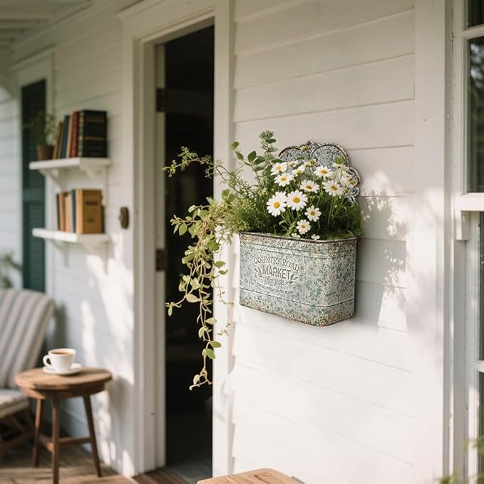 All Chic Set of 2 Metal Hanging Wall Planters Outdoor Indoor Mail Wall Mounted Planter Antique Shabby Chic Wall Decor (Grey)