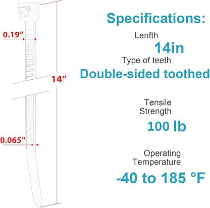 14 Inch Zip Ties Double Sided Toothed,100 LBS Tensile Strength Heavy Duty Cable Wire Ties With Self-Locking Adjustable More Durable Nylon Tie Wraps for Indoor Outdoor（200 Pack）