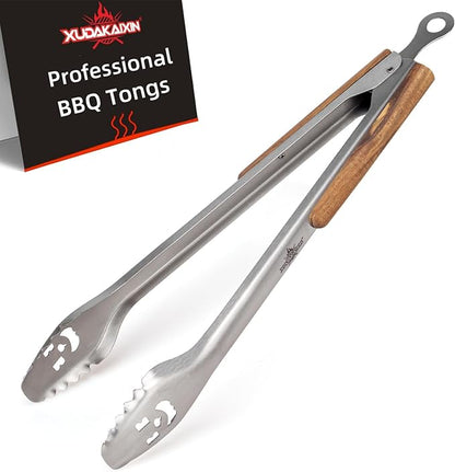 18-Inch Long Stainless Steel BBQ Tongs with Extended Luxurious Acacia Handle – Durable and Easy-to-Clean Grilling Tool for Cooking, Kitchen Use, and Outdoor Barbecues