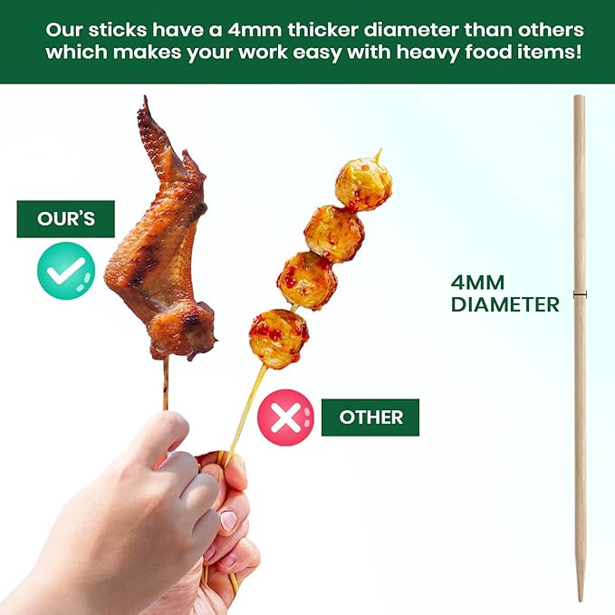 100 Pack 12 inch Bamboo Skewers for BBQ, Appetiser, Fruit, Cocktail, Kabob, Chocolate Fountain, Grilling, Barbecue, Kitchen, Crafting & Party, Natural Wooden Stick — Φ=4mm, Eco-Friendly Wood Sticks
