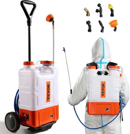 VEVOR 4 Gallon Battery Powered Backpack Sprayer with Wheeled Cart, Adjustable 0-94 PSI, 13FT Hose, 6 Nozzles, 2 Wands Included, Wide Mouth Lid for Weeding, Cleaning, Long Spray Time, White+Orange
