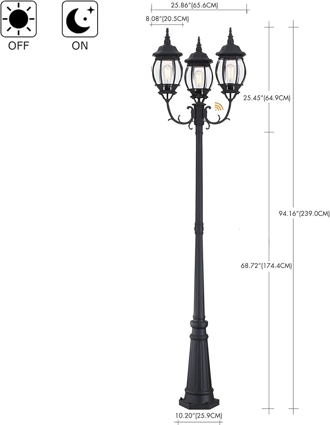 94 Inch Dusk To Dawn 3-Light Lamp Post For Backyard Garden Driveway Outdoor Street Light 94” Three-Head Post Light With Dusk To Dawn Sensor Outside Pole Lights,Aluminium Alloy,Clear Glass Shade,E26