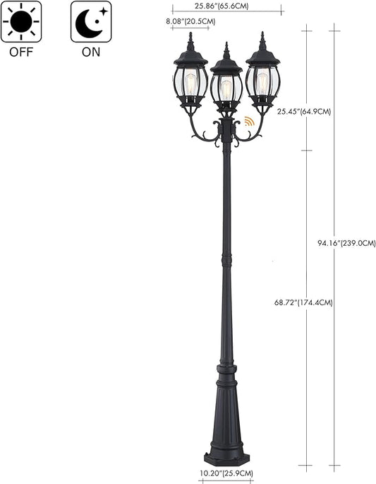 94 Inch Dusk To Dawn 3-Light Lamp Post For Backyard Garden Driveway Outdoor Street Light 94” Three-Head Post Light With Dusk To Dawn Sensor Outside Pole Lights,Aluminium Alloy,Clear Glass Shade,E26