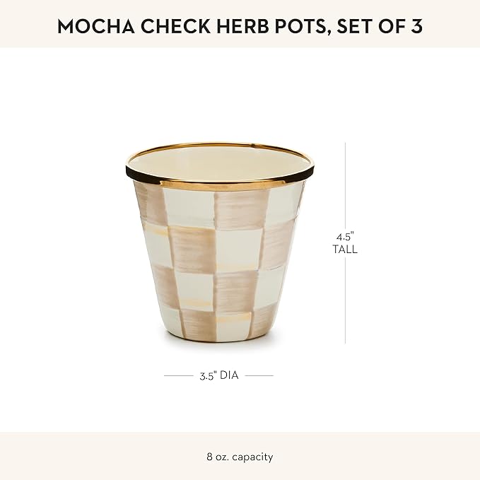 MACKENZIE-CHILDS Enamel Herb Pots, Small Plant Pots for Herbs or Flowers, Set of 3, Brown-and-White Mocha Check