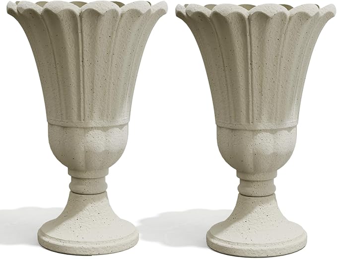 Tall Plastic Urn Planters for Outdoor Plants Set of 2-23.6" H Classic Petal Design Indoor Large Flower Pots with Drainage Holes, Outdoor Planters for Porch Decor/Garden Vase, Beige/Off White
