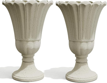 Tall Plastic Urn Planters for Outdoor Plants Set of 2-23.6" H Classic Petal Design Indoor Large Flower Pots with Drainage Holes, Outdoor Planters for Porch Decor/Garden Vase, Beige/Off White