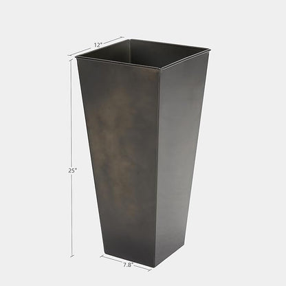 KOL 25''H. Bright Glazed Planter with Drainage Hole, Set of 2, Tall Galvanized Steel Planter Pots with Saucer for Indoor & Outdoor Use, Decorative Flower Plant Pots for Porch, Patio, Deck - Black