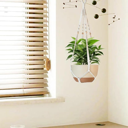 35 Inch Macrame Plant Hanger Indoor Outdoor Fits 4 to 15 inch pots Hanging Planter Basket with Wood Beads and No Tassels,Boho Home Decor,Ivory,Set of 3 (Pots Not Included)